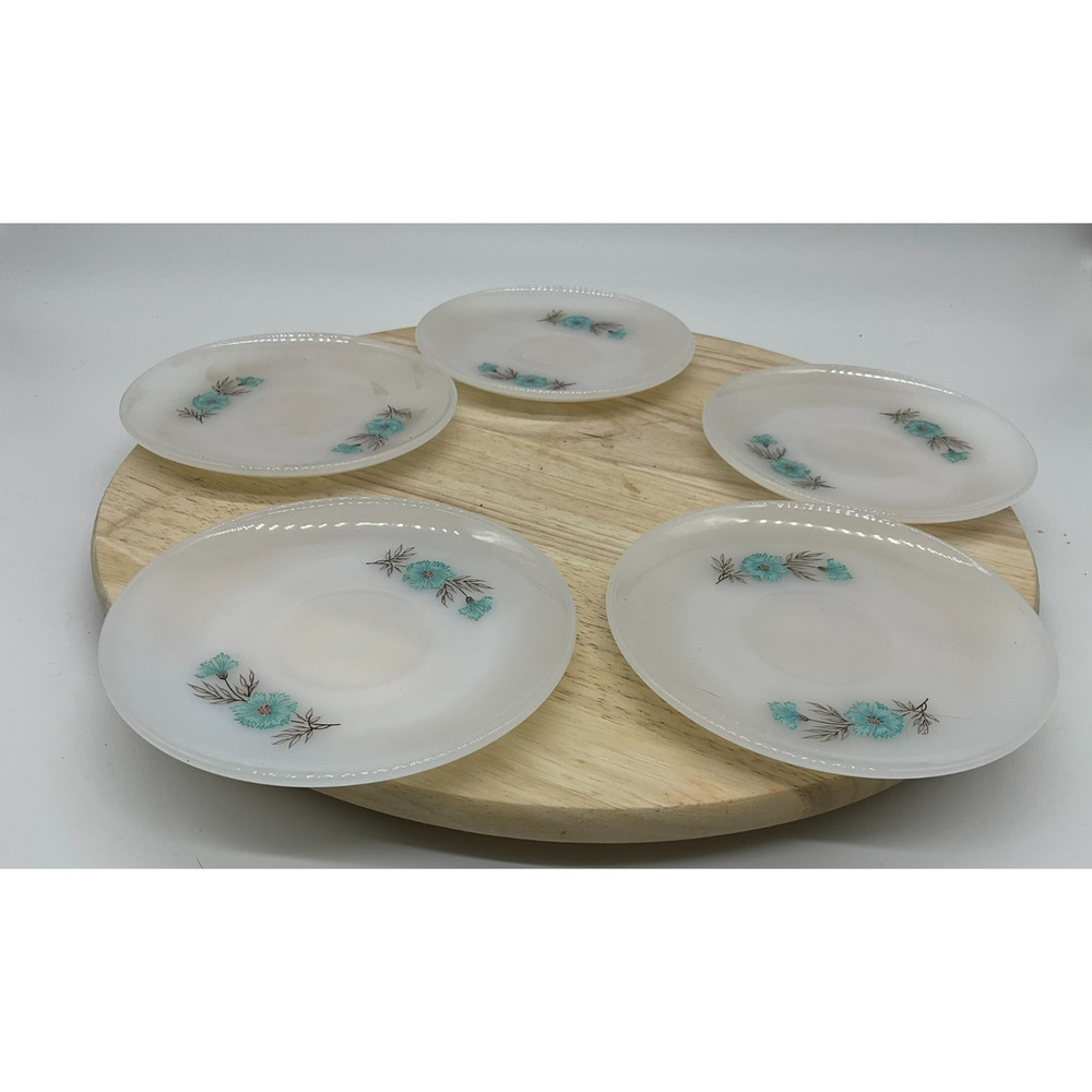 5 Fire King Saucers Floral White Milk Glass Set Of 5 Vintage 1950’s Mid Century - Picture 5 of 6
